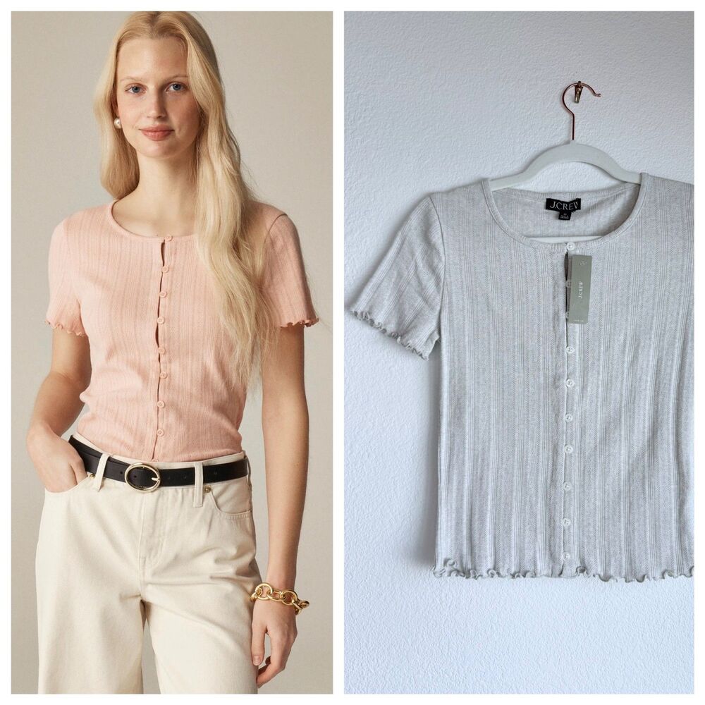 NWT J.Crew Women's Pointelle Short Sleeve Knit Cardigan in Heather Dove Grey XS